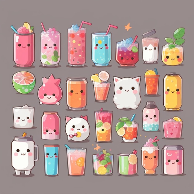 Photo a set of kawaii drink designs ai generated