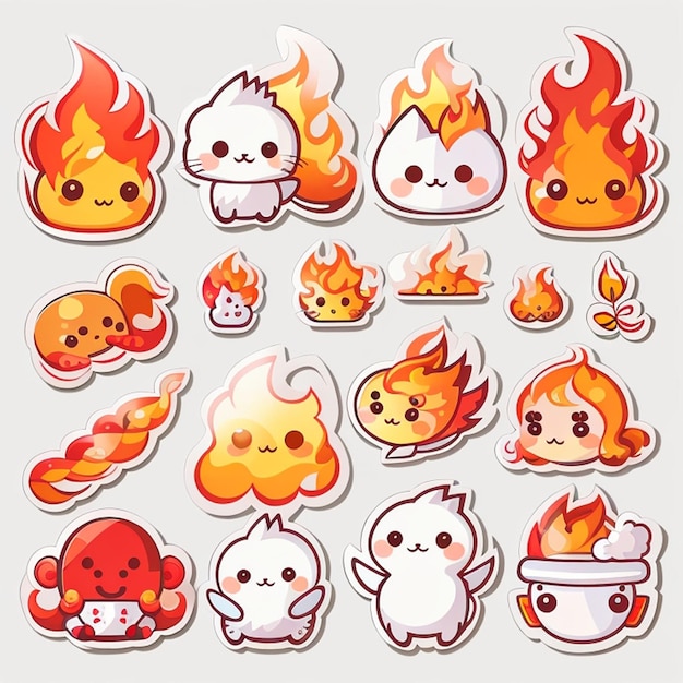 Photo a set of kawaii fire designs generative ai