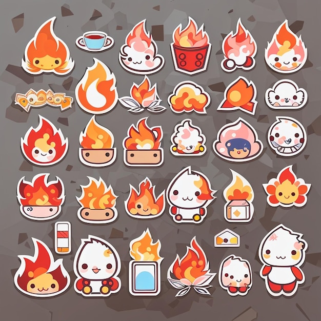 Photo a set of kawaii fire designs generative ai