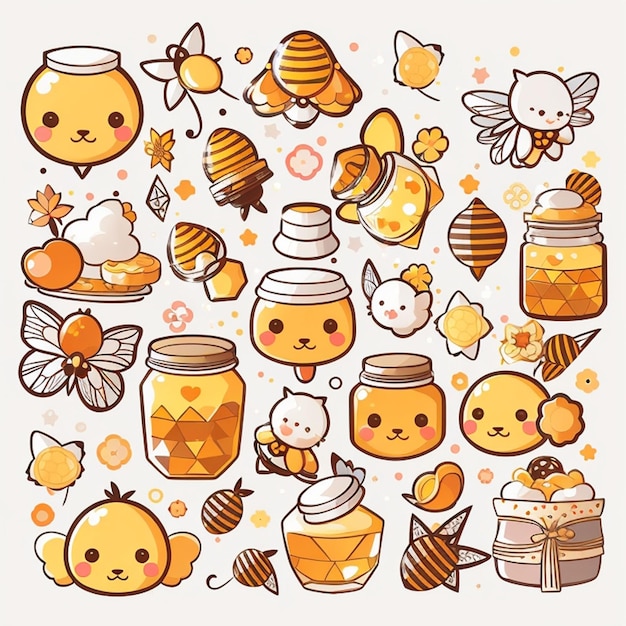 Photo a set of kawaii honey designs generative ai