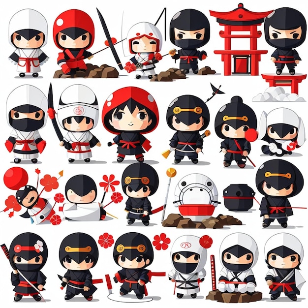 Photo a set of kawaii japanese ninja designs ai generated