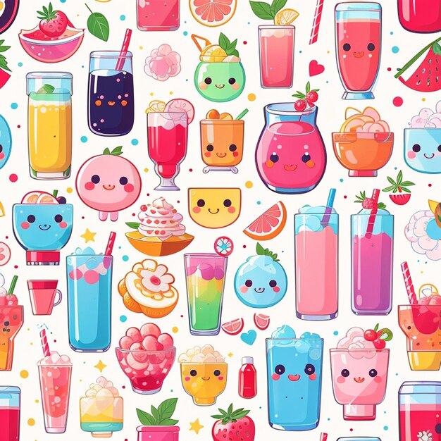 Photo a set of kawaii juice drinks ai generated