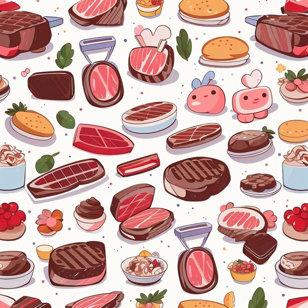 Photo a set of kawaii meat steak designs ai generated