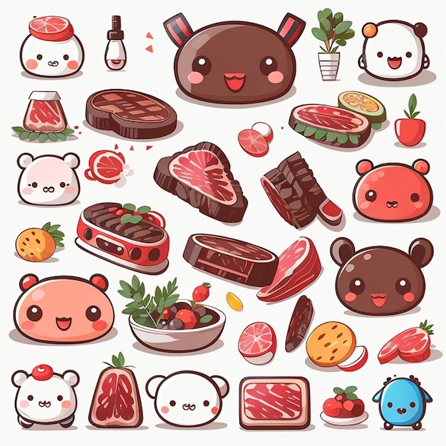 Photo a set of kawaii meat steak designs ai generated