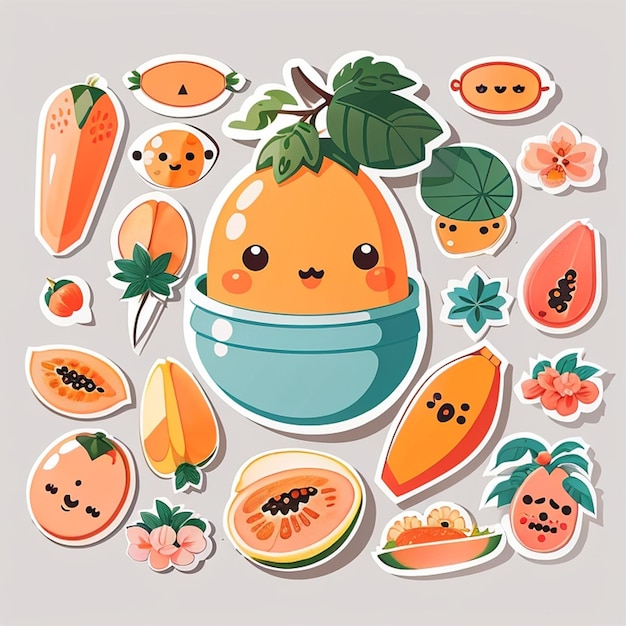 Photo a set of kawaii papaya designs generative ai