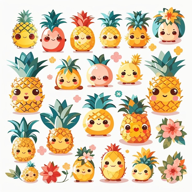 Photo a set of kawaii pineapple designs generative ai