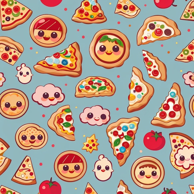 Photo a set of kawaii pizza designs generative ai