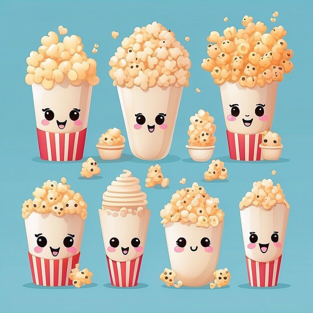 Photo a set of kawaii popcorn designs ai generated