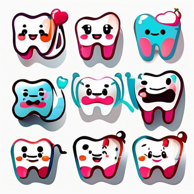 Photo a set of kawaii tooth designs ai generated