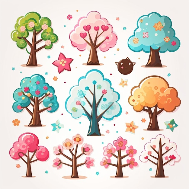 Foto un insieme di disegni di alberi kawaii generati dall'ia