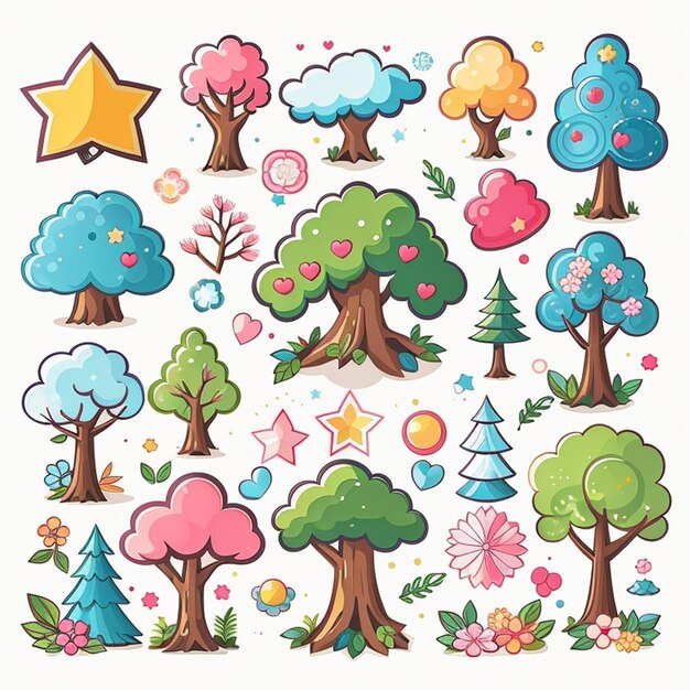 Foto un insieme di disegni di alberi kawaii generati dall'ia