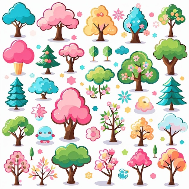 Photo a set of kawaii tree designs ai generated