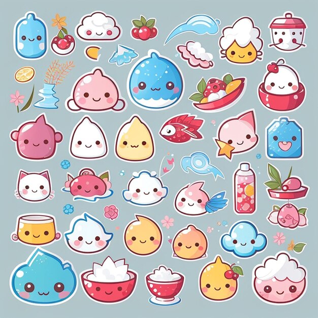 Photo a set of kawaii water designs generative ai