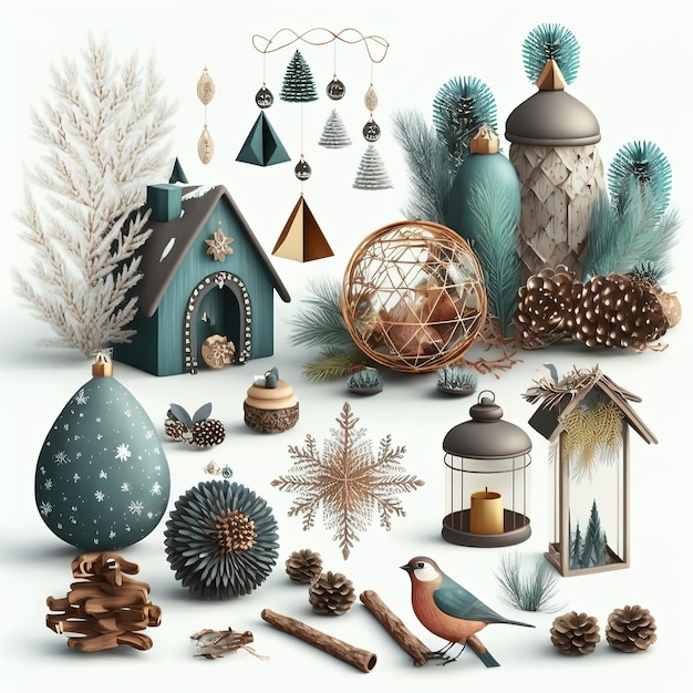Set kerstversieringen in boho-stijl Wintervakantie elementen 3d illustratie