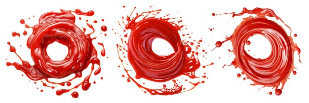 Photo a set of ketchup spirals are cut out on a transparent background a set of red ketchup scatters in