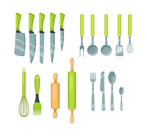 Set keukengerei kookgerei keukengerei instrumenten accessoires keukengereedschap verzamelapparatuur voor het koken Huishoudelijke cartoon vector illustratie geïsoleerd