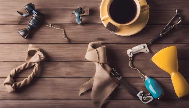 Photo a set of keys a keychain and a coffee mug on a wooden table