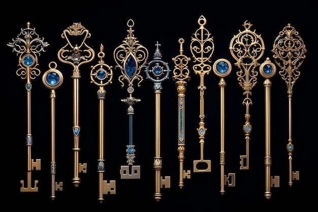 a set of keys with a blue and gold design on the top