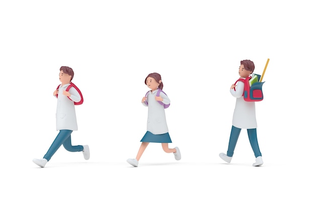 Set Kids Walking to School 3D Illustration