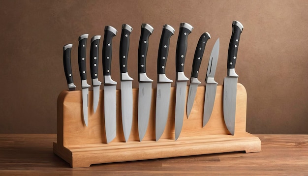 Set of kitchen accessories knives in the wooden stand