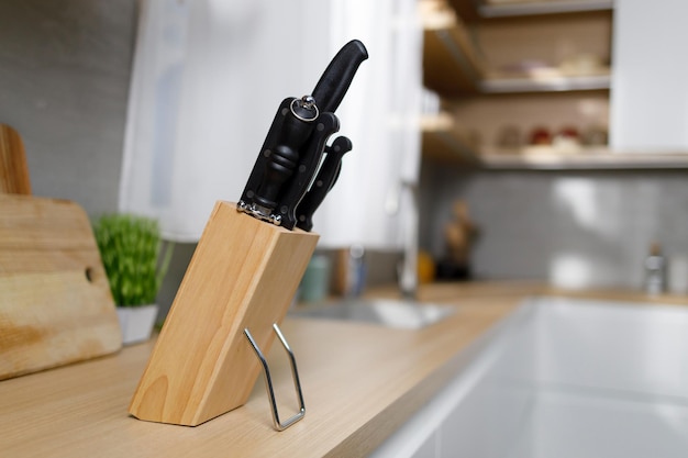 Set of kitchen knives on the countertop