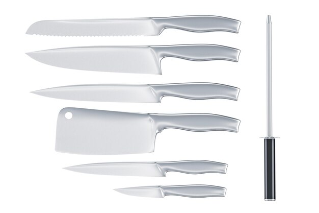 Photo set of kitchen knives with knife sharpener 3d rendering