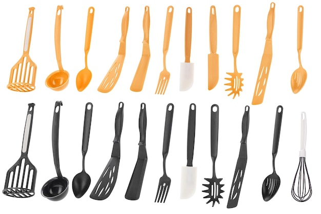 Set of kitchen tools and utensils on a white isolated background. Chef working kitchen tools.