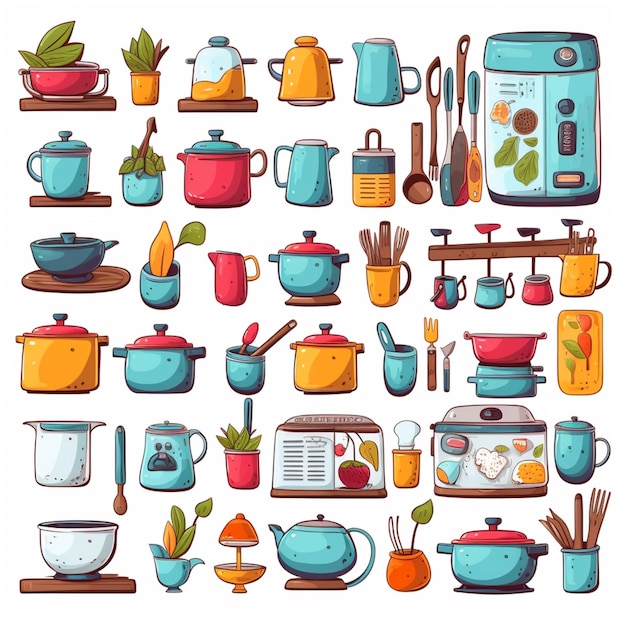 Photo a set of kitchen utensils and cooking utensils generative ai