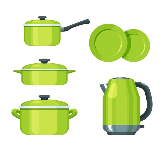 Set di utensili da cucina utensili da cucina moderni utensili da cucina e accessori attrezzature da cucina misurazioni di peso pentole piatti bollitore illustrazione vettoriale isolata.