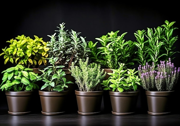 Foto set kleine vazen met aromatische planten voor koken of ander gebruik gezond leven ai gegenereerd