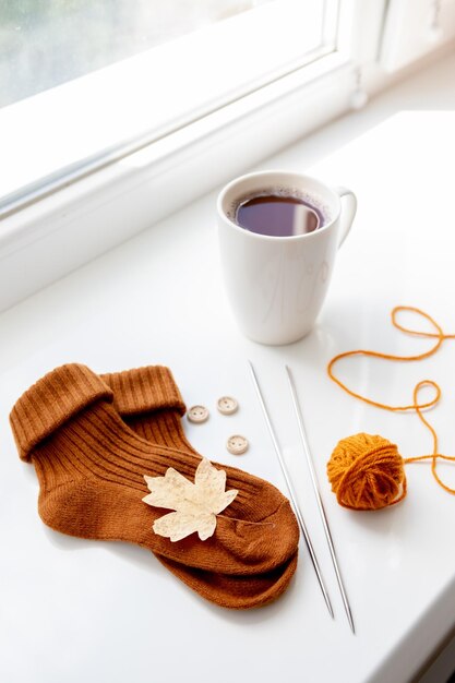 Set for knitting children's socks Orange threads knitting needles buttons centimeter