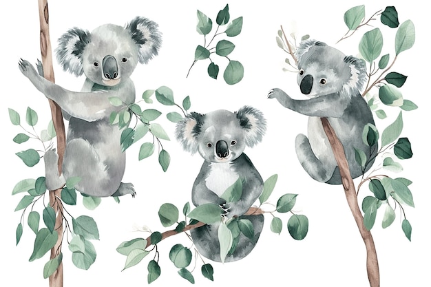 Set of koala different poses watercolor style adorable white background