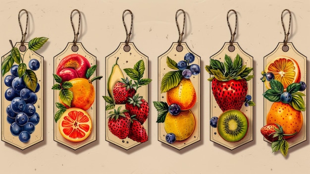 베이지색 바탕에 있는 과일과 베리의 라벨 세트 과일의 그림이 그려진 라벨 제품에 대한 템플릿 일러스트레이션
