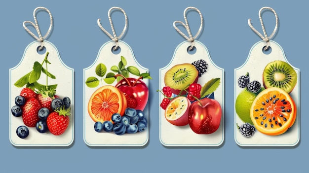 A set of labels for fruits and berries on a blue background Labels with drawings of fruits A template for your product Illustration