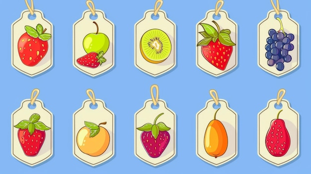 Photo a set of labels for fruits and berries on a blue background labels with drawings of fruits a template for your product illustration