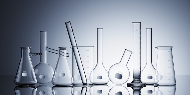 Set of laboratory glassware on white background. 3d rendering illustration.