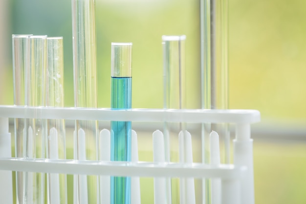 Set of laboratory glassware with colorful in test lab room.