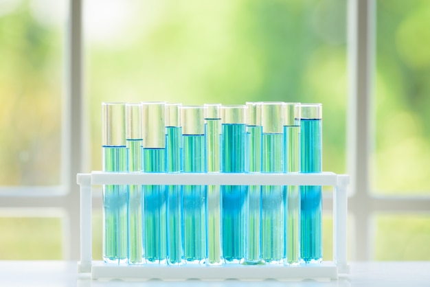 Set of laboratory glassware with colorful in test lab room.