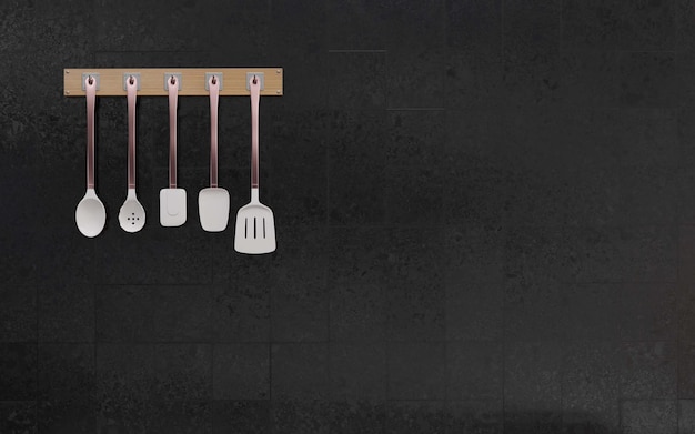 Set of ladle and spatula with copper handle on black concrete 3D rendering