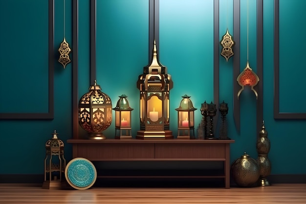 A set of lanterns on a table in a room with a blue wallpaper.