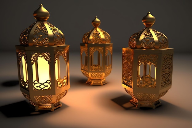 A set of lanterns with the lights on them