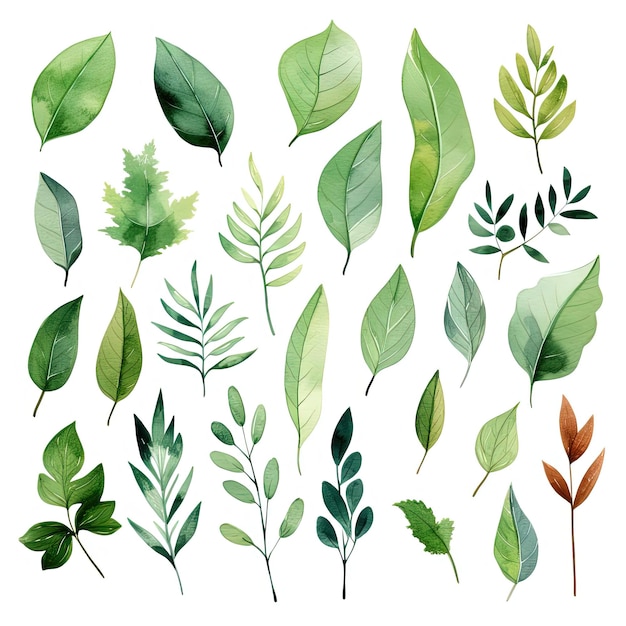 a set of leaves and for backgrounds in the style of whimsical watercolor