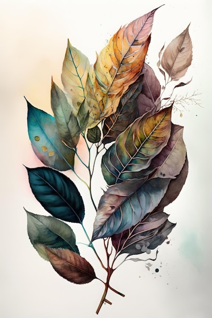 A set of leaves painted with watercolors