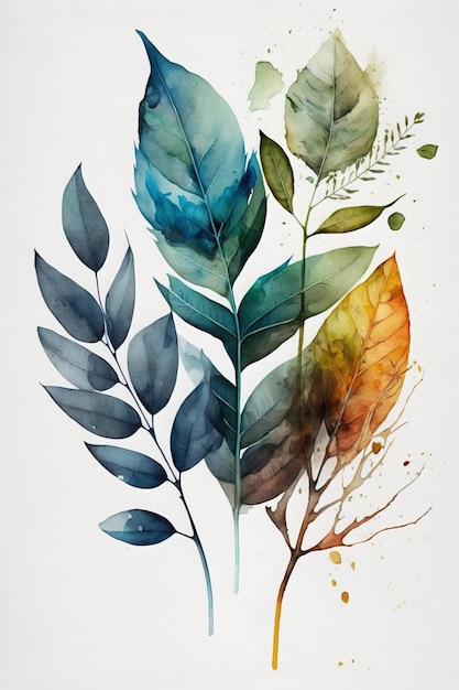 A set of leaves painted with watercolors