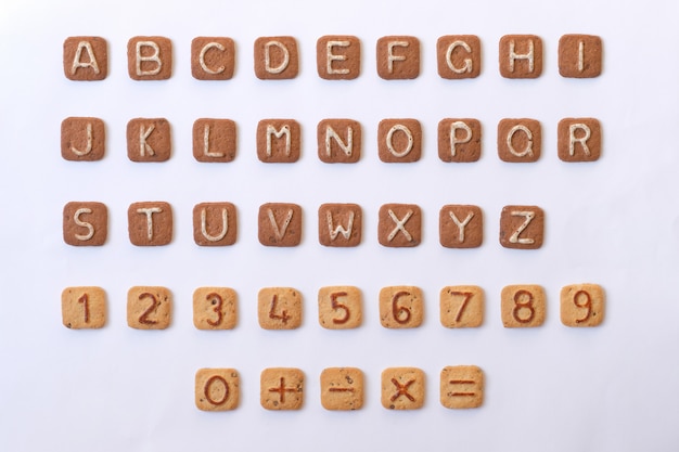 A set of letters and numbers from cookies. Alphabet and numbers.