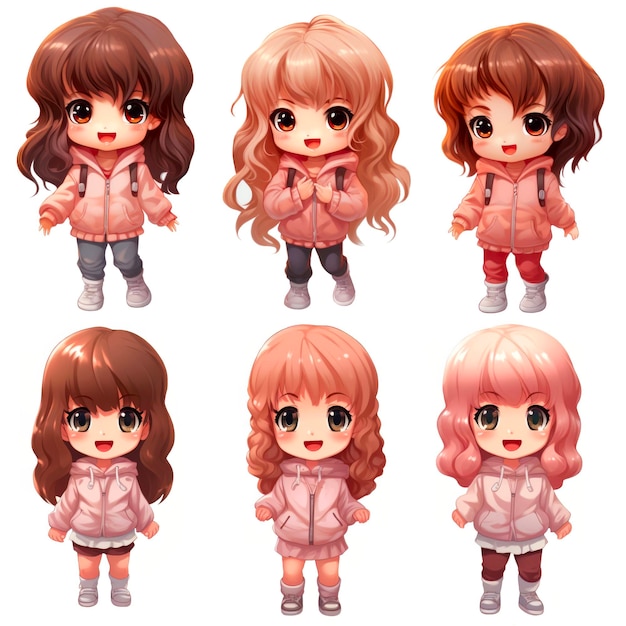 Set leuke anime poppen meisjes in roze kleren poppen met grote ogen