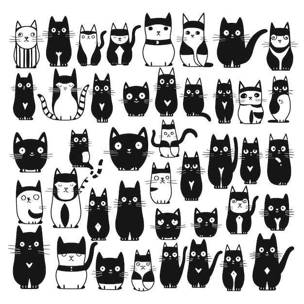 A set of line art illustrations of cats clipart scandinavian design