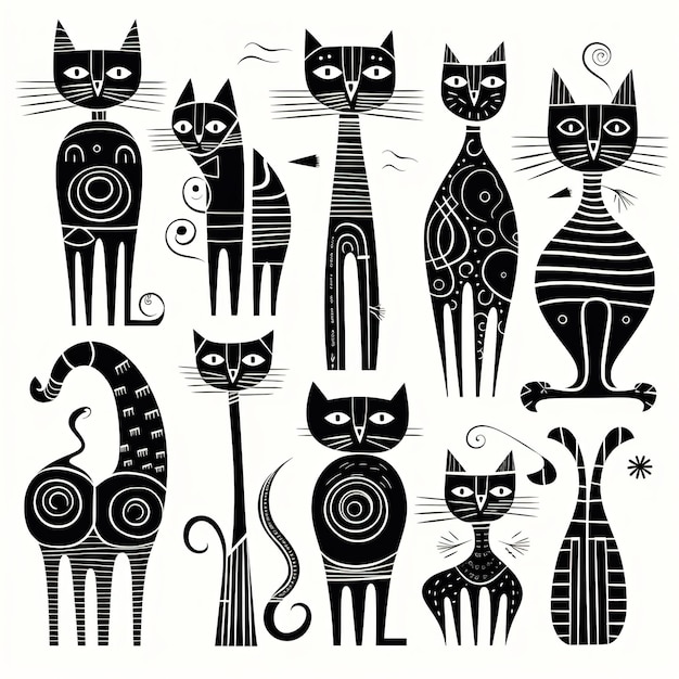 A set of line art illustrations of cats clipart scandinavian design