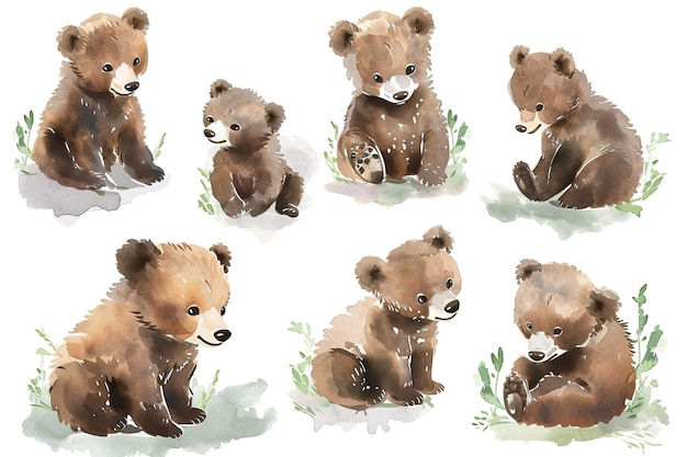 Set of little bear cub in different poses in style watercolor cute and curious white background