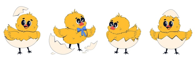 Набор маленьких цыплят персонажей в яичных скорлупах Векторная иллюстрация недавно вылупившихся цыплят